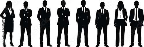 Business People Silhouette Collection: Set of Men and Women in Suits, Corporate Team, Standing Poses for Professional Vector Graphics