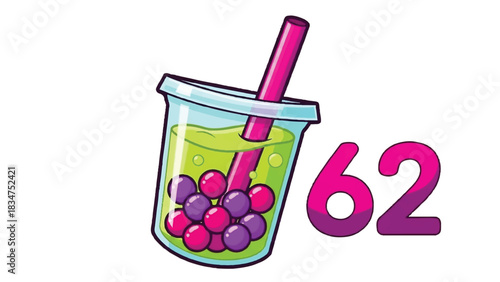 Bubble Tea Drink with Number 62 Illustration.