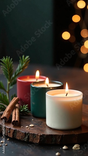 Cozy Holiday Ambiance Three Candles in Festive Colors with Cinnamon, Fir, and Soft Bokeh Lights, Capturing the Essence of Christmas in a Warm and Inviting Scene