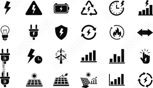 Electric Power and Energy Icon Set: Lightning, Solar Panel, Wind Turbine, Battery, and Renewable Ecology Symbols for Technology Graphics