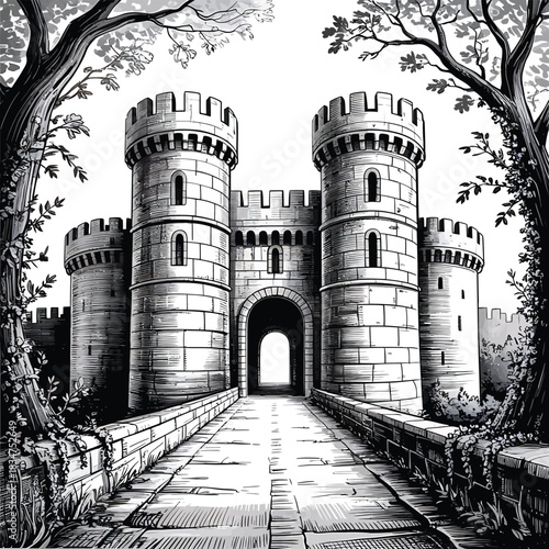 Imposing medieval castle gatehouse with stone bridge and trees