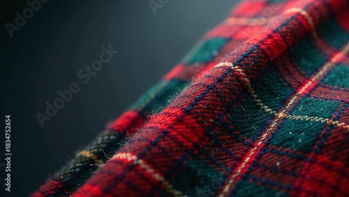 Luxurious Scottish Tartan Fabric Detail Exquisite plaid patterns in rich red, green, and navy hues, showcasing texture and artistry. Captivating macro shot of traditional textile