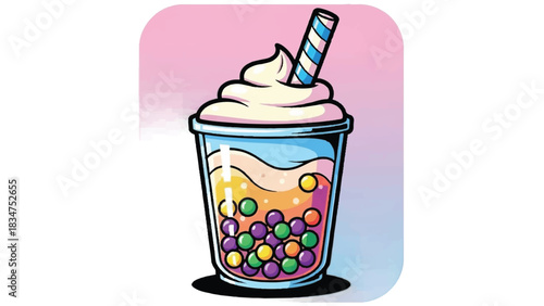 Colorful Bubble Tea Drink with Whipped Cream and Straw.