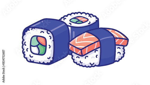 Delicious Sushi Rolls and Nigiri with Salmon and Vegetables.