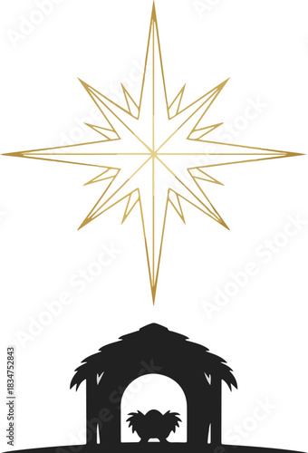 Gold star above a black silhouette of a manger with baby Jesus