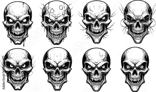 Evil Skull Collection: Monochrome Tattoo Illustration Set, featuring Angry Human Skulls with Detailed Teeth, Cracks, and Glowing Eyes