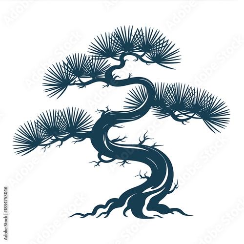 Stylized silhouette of a twisted pine tree with fine needles