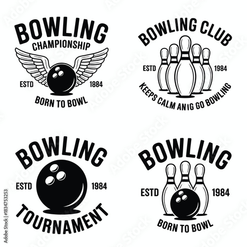 Set of vintage bowling emblems and badges with pins and ball