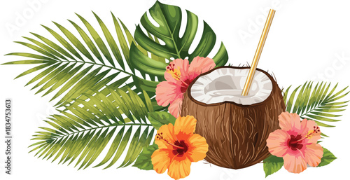 Tropical Summer Background: Fresh Coconut Cocktail with Straw, Palm Leaves, Monstera Foliage, and Bright Orange Hibiscus Flowers Vector