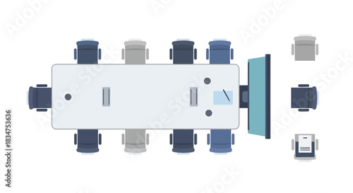 Top-down plan view of a modern conference table with blue and grey office chairs and a large presentation screen.