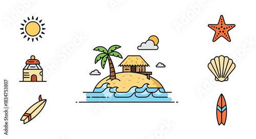Tropical Island with Hut, Palm Tree, and Waves, surrounded by Summer Icons.