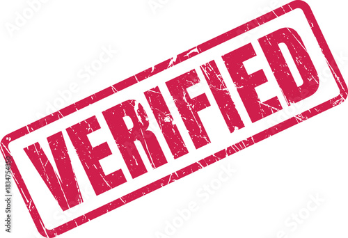 Distressed crimson verified stamp with textured effect showcases authenticity and confirmation on a white background