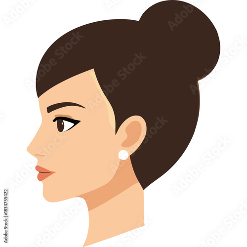 Elegant Woman With Dark Hair In A Chic Bun And A Black Stud Earring Posed In Profile Against A Solid Black Background Minimalist Illustration Portrait