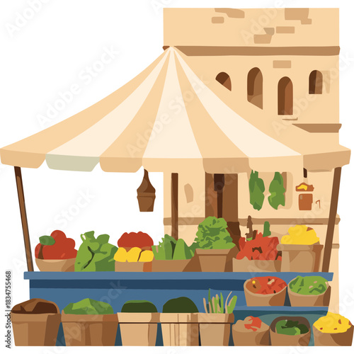 Exterior view of a bustling marketplace stall filled with a vibrant array of fresh produce and potted plants under a striped awning in a warm climate