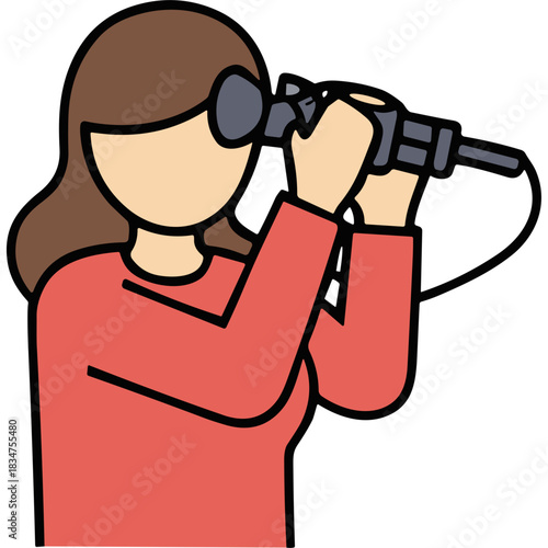 Faceless person in a red shirt wearing sunglasses holding a black video camera with a cord attached capturing footage in a simple flat illustration style