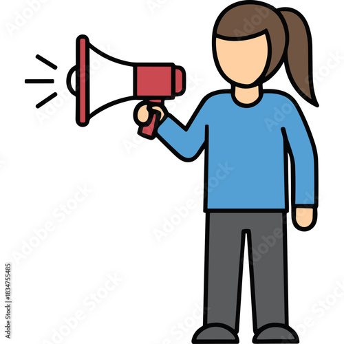 Faceless Person in Blue Long Sleeve Shirt and Gray Pants Holding a Red and White Megaphone Making Announcement Against Black Background Simple Flat Design