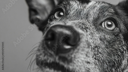 Curious dog close up with nose forward and focused eyes in black and white, showing detailed fur texture and whiskers on clean high key background