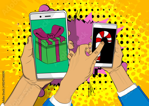 Cartoon Smartphone, comic book Telephone with Gift Box and Candy cane. Retro vector comics pop art design.