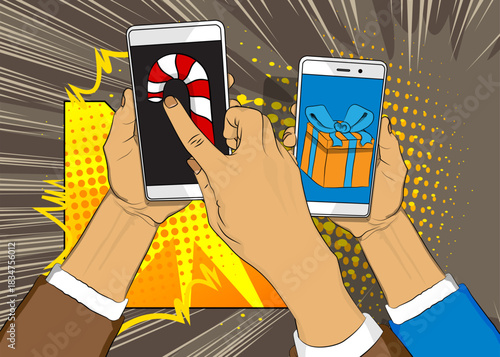 Cartoon Smartphone, comic book Telephone with Gift Box and Candy cane. Retro vector comics pop art design.