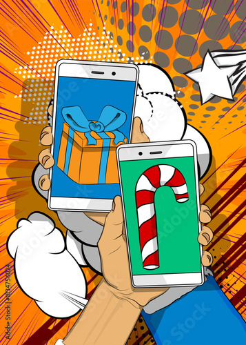Cartoon Smartphone, comic book Telephone with Gift Box and Candy cane. Retro vector comics pop art design.