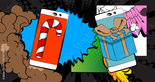 Cartoon Smartphone, comic book Telephone with Gift Box and Candy cane. Retro vector comics pop art design.