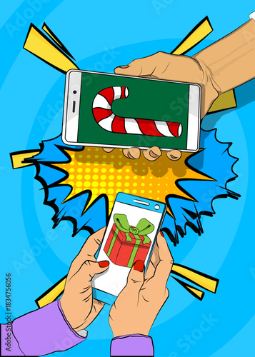 Cartoon Smartphone, comic book Telephone with Gift Box and Candy cane. Retro vector comics pop art design.
