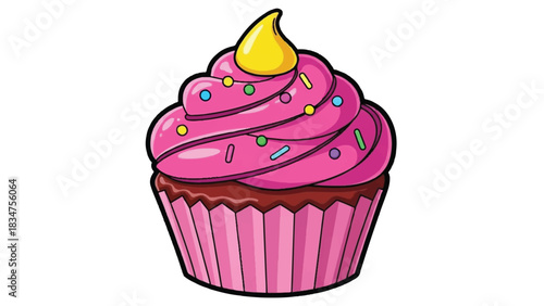 Delicious pink frosted cupcake with sprinkles and a yellow cream topping.