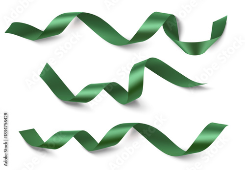 Set of decorative green ribbon with realistic shadow isolated on white. Christmas decoration. Vector stock illustration
