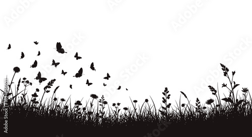 Black silhouette of a grassy meadow with wildflowers like dandelions and a beautiful swarm of butterflies flying up into the sky.