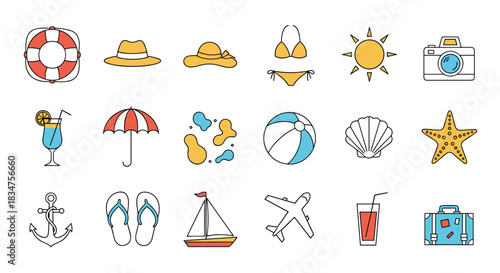 Colorful line icon set of summer vacation and beach travel elements including a bikini, sun, camera, and airplane on a white background.