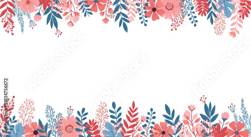 Elegant floral frame with pink and blue flowers and leaves creating a top and bottom border on a clean white background with copy space.