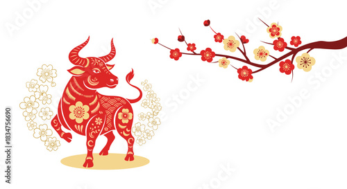 Festive red ox with gold floral patterns celebrating Chinese New Year under a blooming plum blossom branch on a white background.