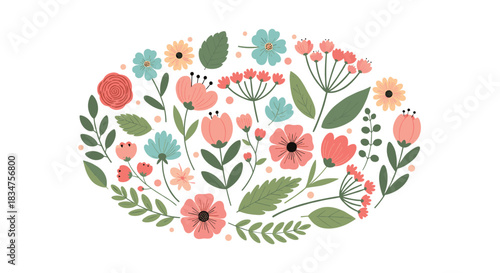 Oval-shaped arrangement of various hand-drawn flowers and leaves in pastel pink, blue, and green, isolated on a white background.
