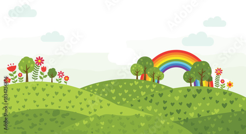 Cartoon landscape of rolling green hills dotted with hearts, featuring trees, flowers, and a bright rainbow under a cloudy sky.
