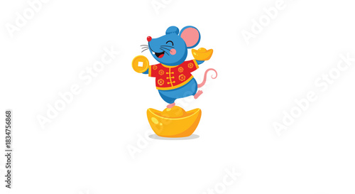 Cute blue cartoon rat in traditional Chinese clothing balancing on a gold ingot while holding gold coins for the Lunar New Year.