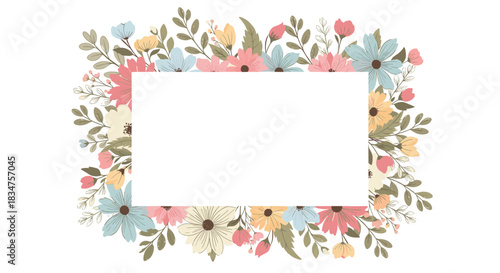 Beautiful rectangular floral frame with a variety of pastel-colored flowers and green leaves surrounding a blank white central space.