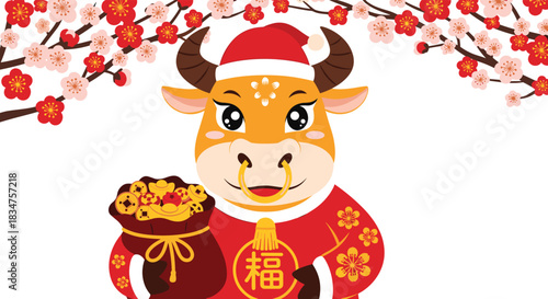 Cute cartoon ox wearing a Santa hat and traditional Chinese clothes, holding a bag of gold coins for a festive New Year greeting.