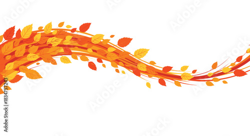 Dynamic wave of swirling orange and yellow autumn leaves flowing across a clean white background, creating a sense of movement.