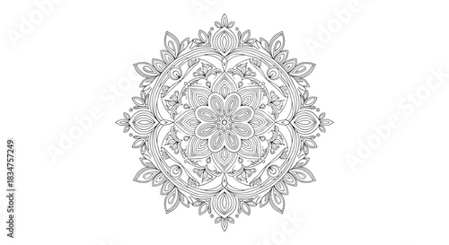 Intricate black and white mandala design with detailed line work and floral patterns, suitable for coloring pages and decorations.