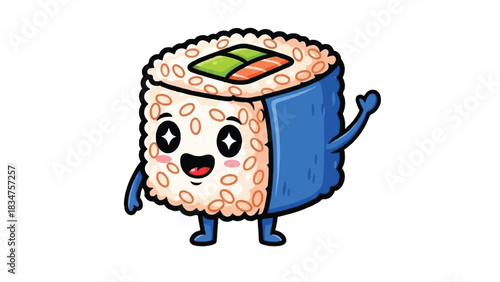 Cute Sushi Roll Character Waving Hello.