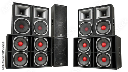 Professional sound system speakers and subwoofers isolated on transparent background