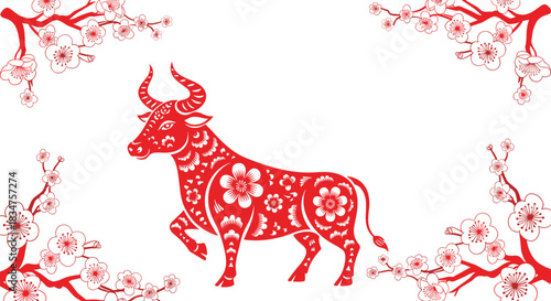 Chinese New Year background with a red papercut-style ox in the center, framed by delicate cherry blossom branches on the corners.