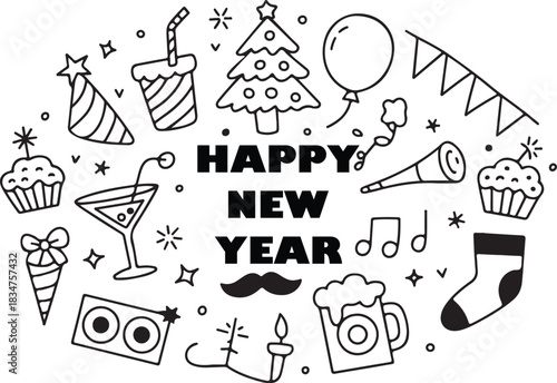 Black and white doodle art announces the coming new year in festive mood