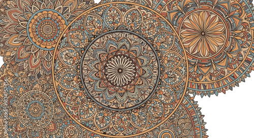 Warm-toned background filled with overlapping, detailed mandala patterns in earthy colors, with copy space in the top left corner.