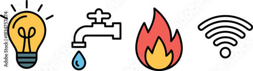 Icon, utility, service, electricity Collection of  light bulb, water faucet, fire, and wifi signal, representing utilities and services.