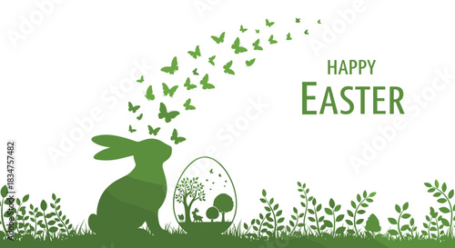Happy Easter greeting with a green silhouette of a bunny and an egg, from which a swarm of butterflies emerges into the sky.