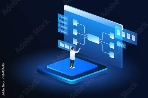 AI workflow automation artificial intelligence. ai agent isometric automation platform workflow data processing.