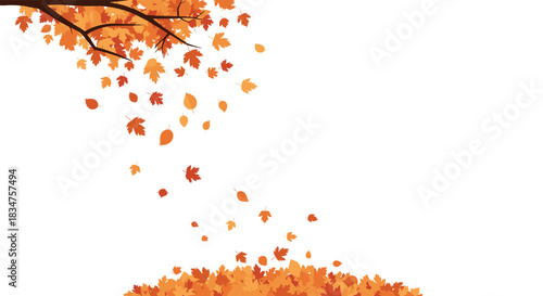 Autumn scene with a tree branch shedding orange and yellow maple leaves that are falling and piling up at the bottom of the page.