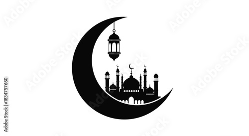 Black silhouette design featuring a crescent moon with a hanging lantern enclosing a detailed mosque for Islamic celebrations.