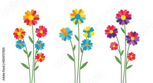 Three bouquets of stylized, multi-colored flowers with long green stems, isolated against a simple and clean white background.